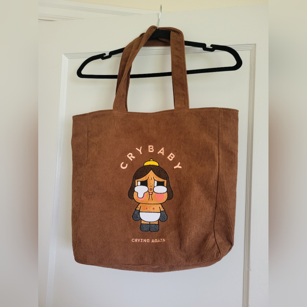 Pop Mart Crybaby Crying Again Brown Corduroy Brown Tote Bag